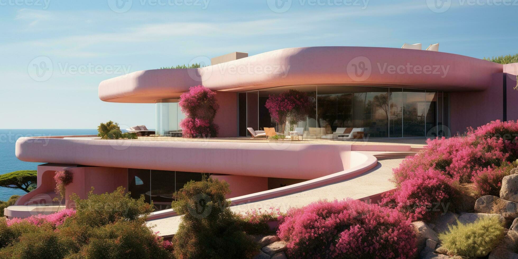 generativ ai, trogen lyx rosa hus omgiven förbi frodig grönska foto