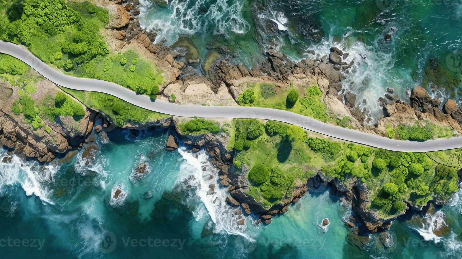 generativ ai, antenn se av böjd asfalt väg nära de hav eller hav, kustlinje foto
