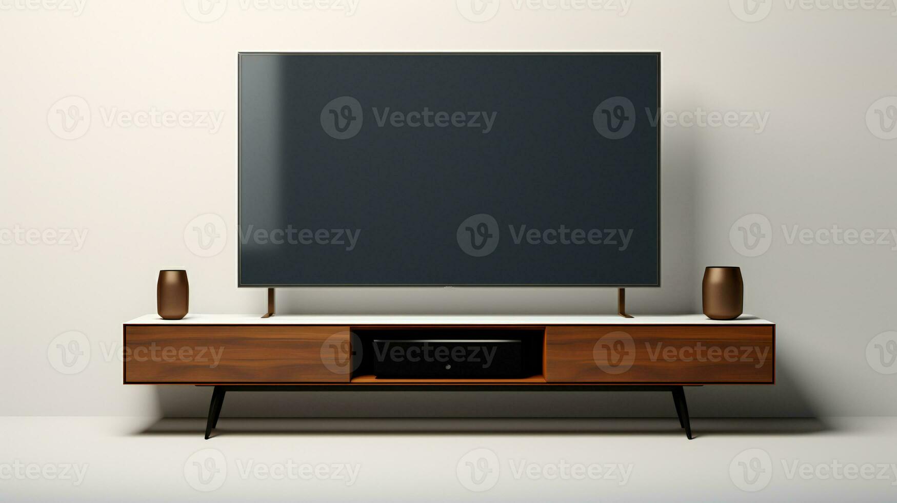 en modern TV stå med högtalare och en stor skärm ai generativ foto