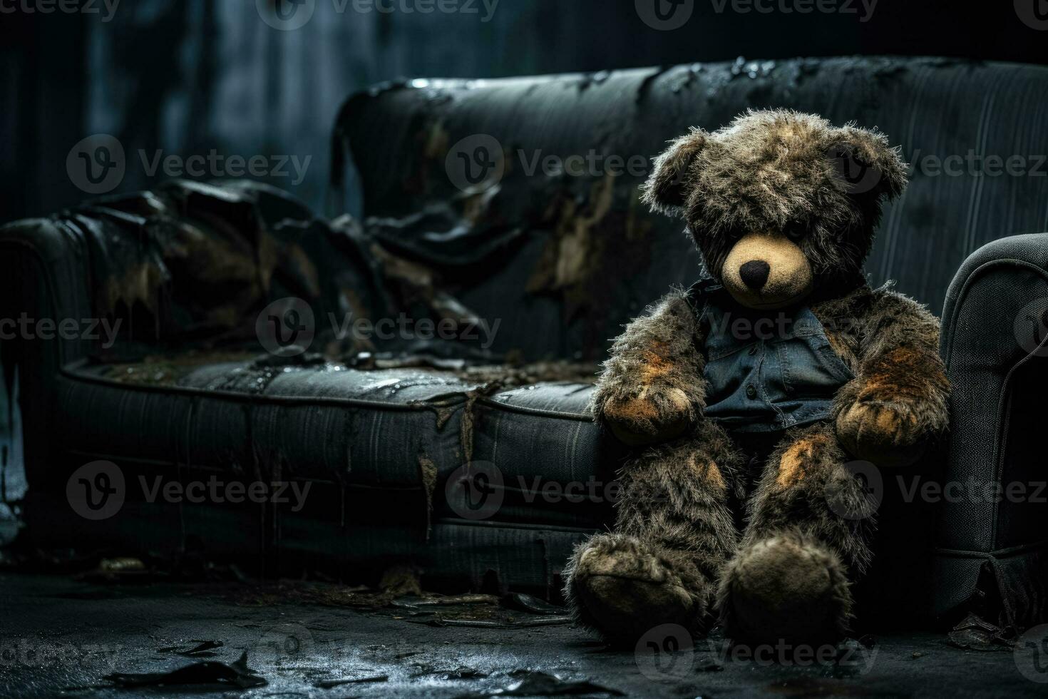 mörk skuggor omslutande en ensam teddy Björn antydande barndom mardrömmar foto
