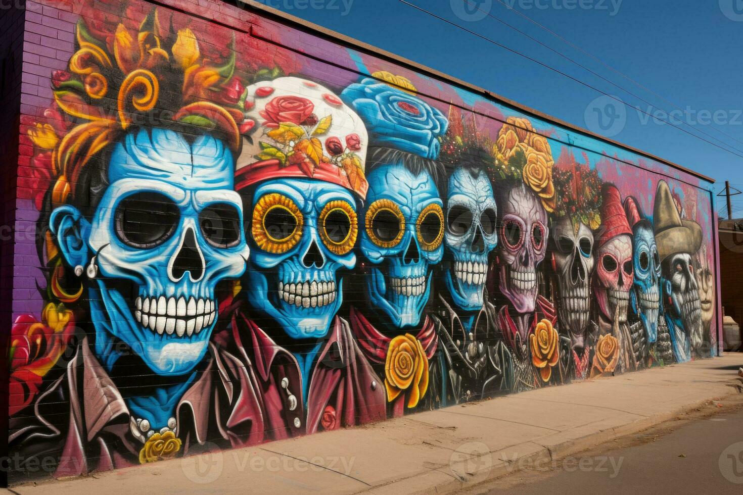 gata mural skildrar livlig skelett- siffror mitt i dag av de död- fester foto