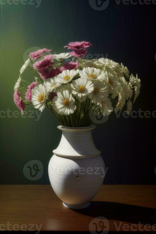 en vit vas fylld med massor av vit och rosa blommor. ai genererad foto
