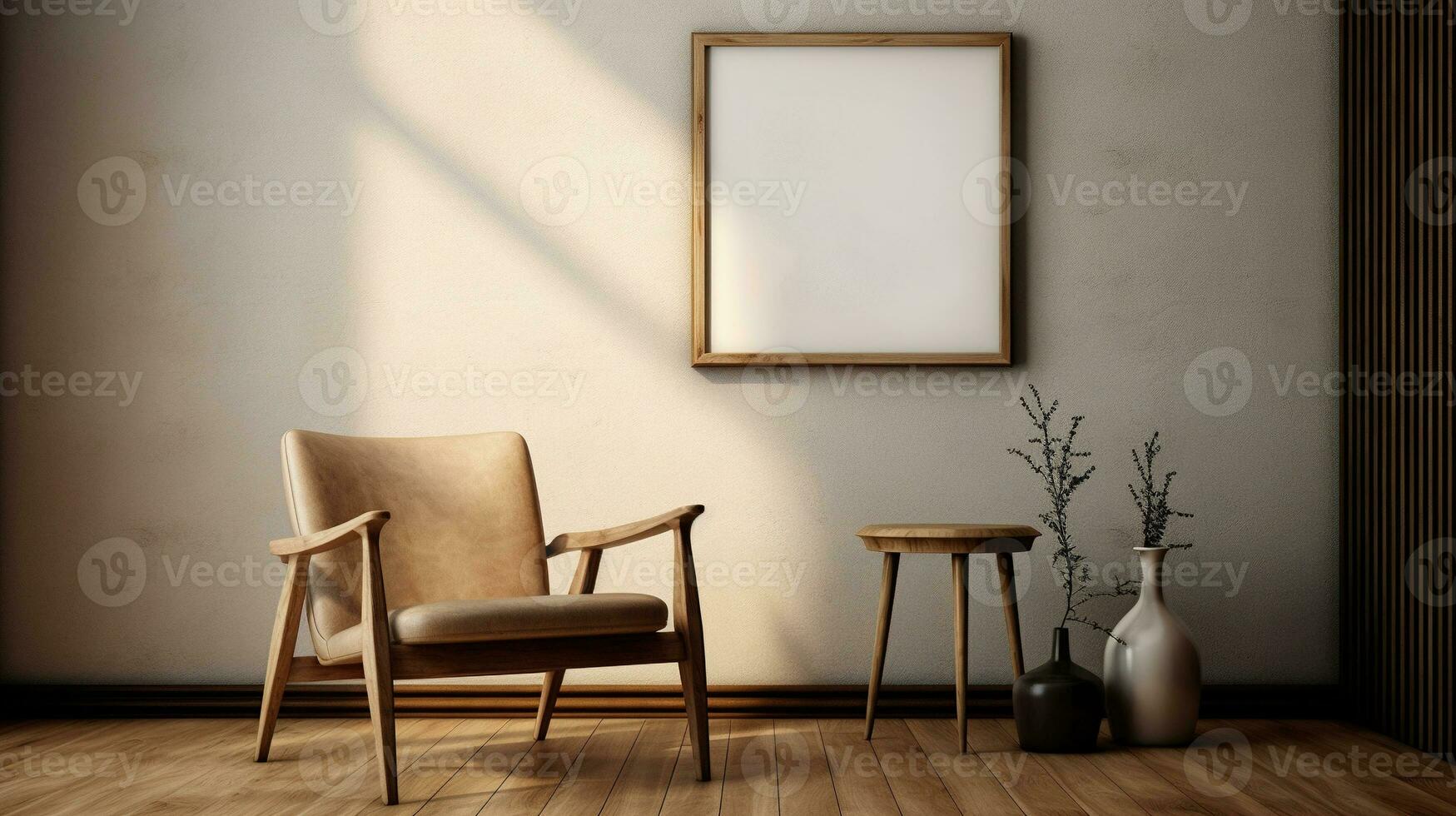 generativ ai, affisch ram attrapp i beige och brun levande rum interiör, wabi sabi minimalism stil foto