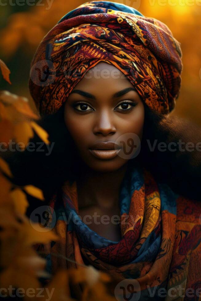 Foto av emotionell dynamisk utgör afrikansk kvinna i höst ai generativ