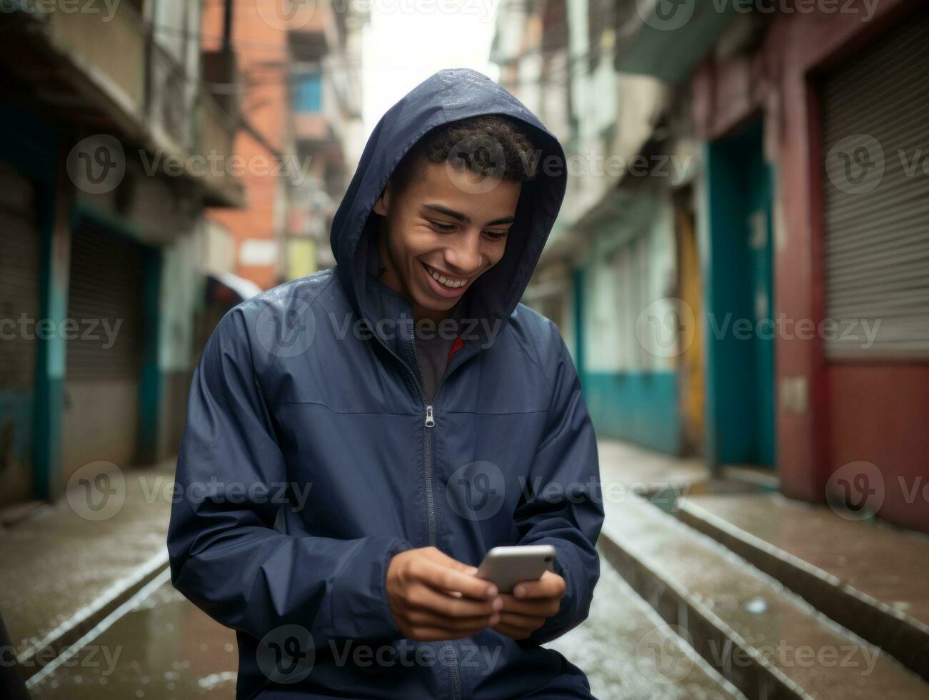 tonåring från colombia använder sig av en smartphone för spelar spel ai generativ foto