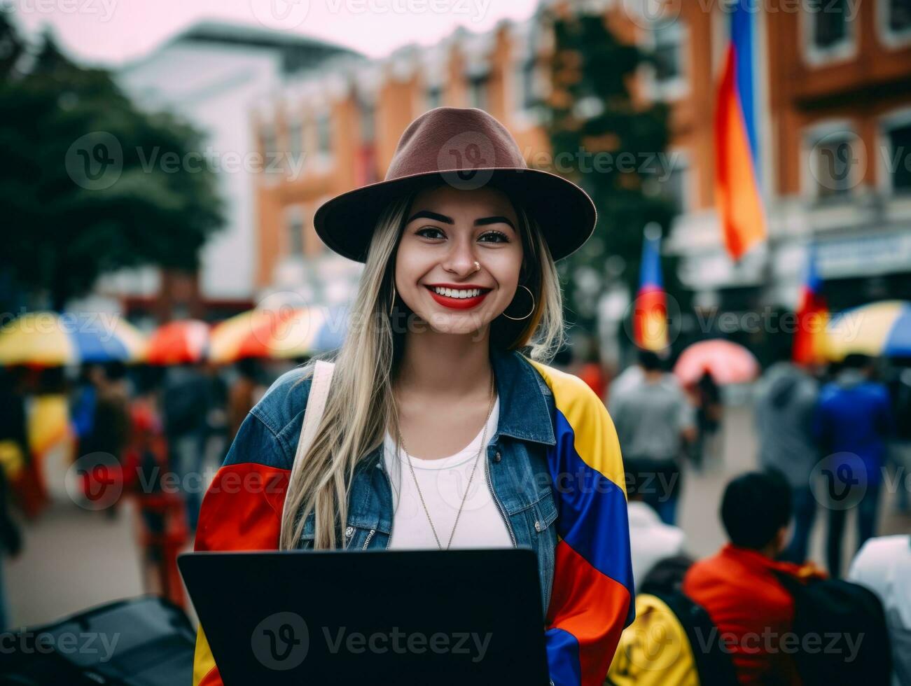 kvinna från colombia arbetssätt på en bärbar dator i en vibrerande urban miljö ai generativ foto