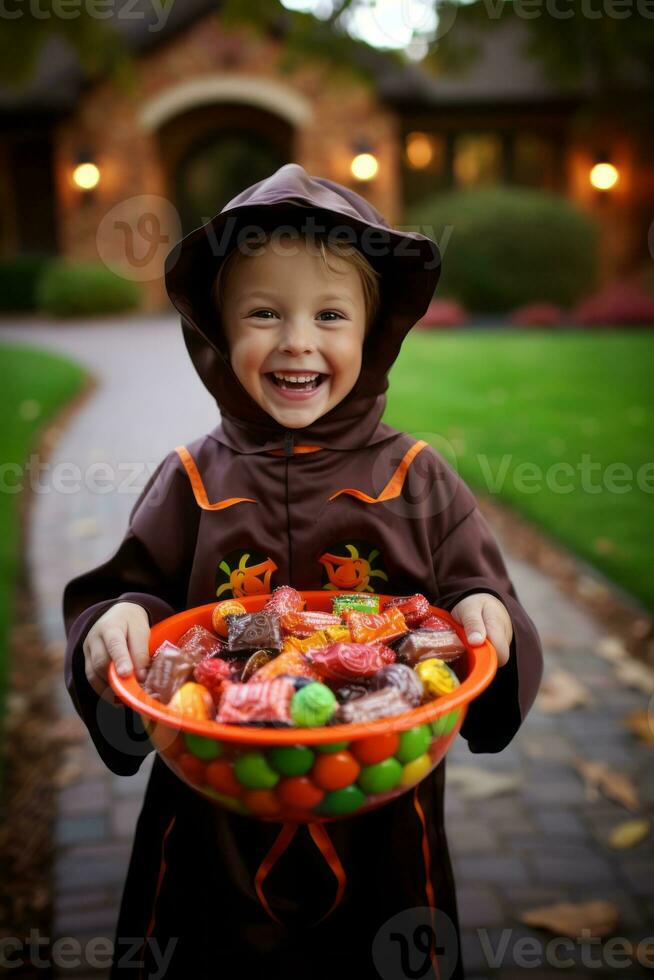 unge i halloween kostym innehav en skål av godis med busig flin ai generativ foto