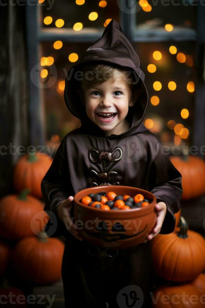 unge i halloween kostym innehav en skål av godis med busig flin ai generativ foto