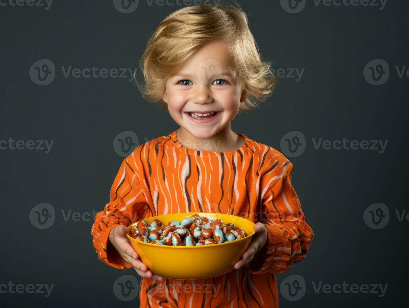 unge i halloween kostym innehav en skål av godis med busig flin ai generativ foto