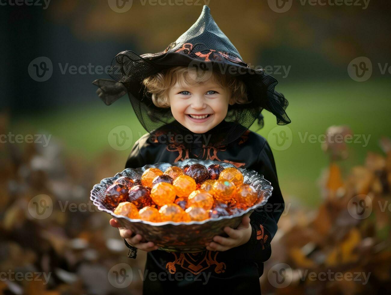 unge i halloween kostym innehav en skål av godis med busig flin ai generativ foto