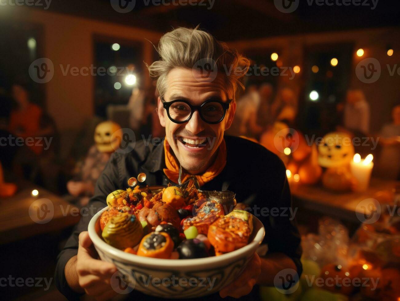 man i halloween kostym innehav en skål av godis med busig flin ai generativ foto