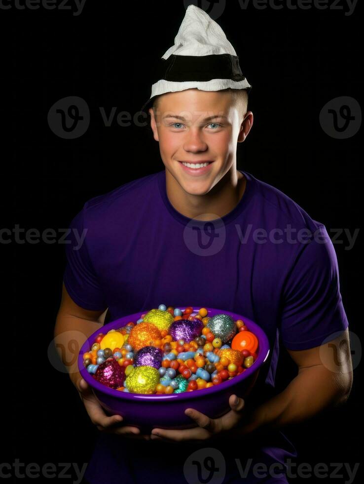 man i halloween kostym innehav en skål av godis med busig flin ai generativ foto