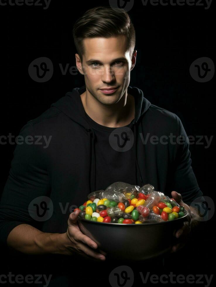 man i halloween kostym innehav en skål av godis med busig flin ai generativ foto