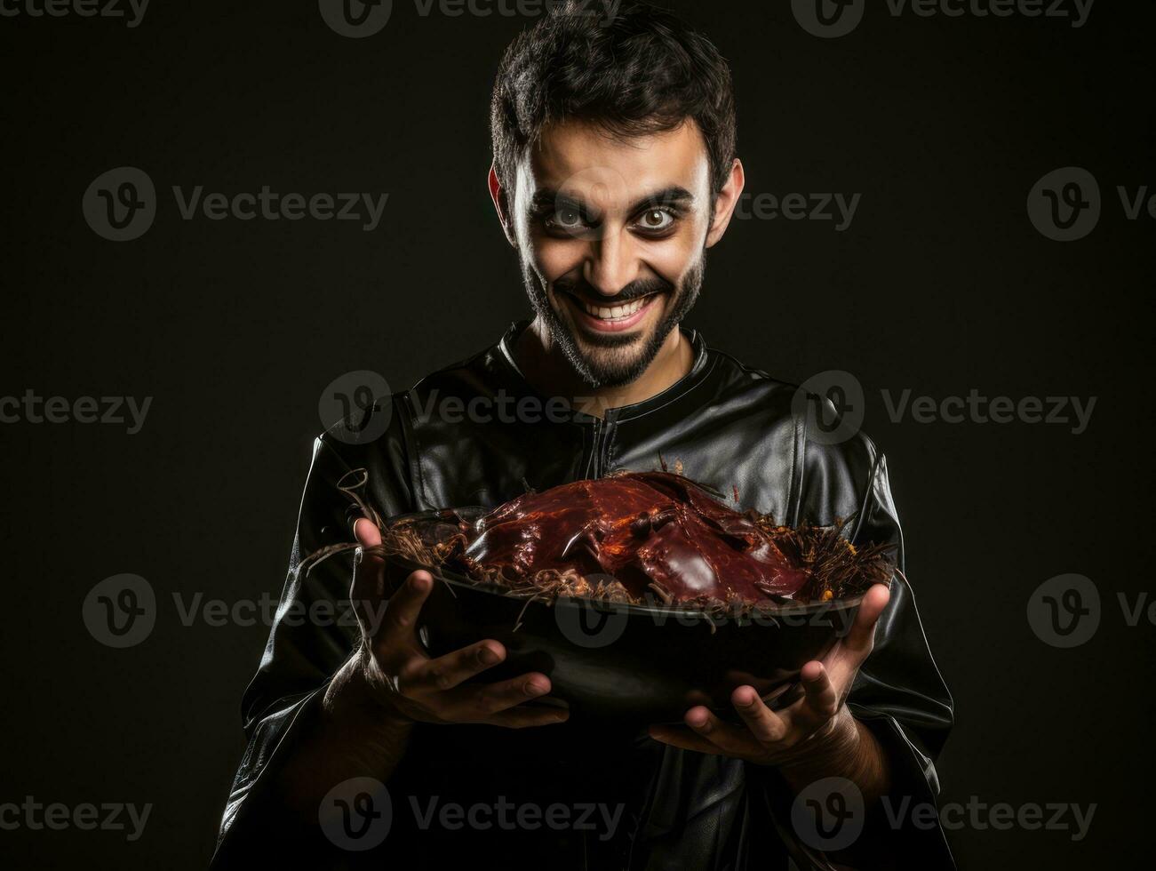 man i halloween kostym innehav en skål av godis med busig flin ai generativ foto