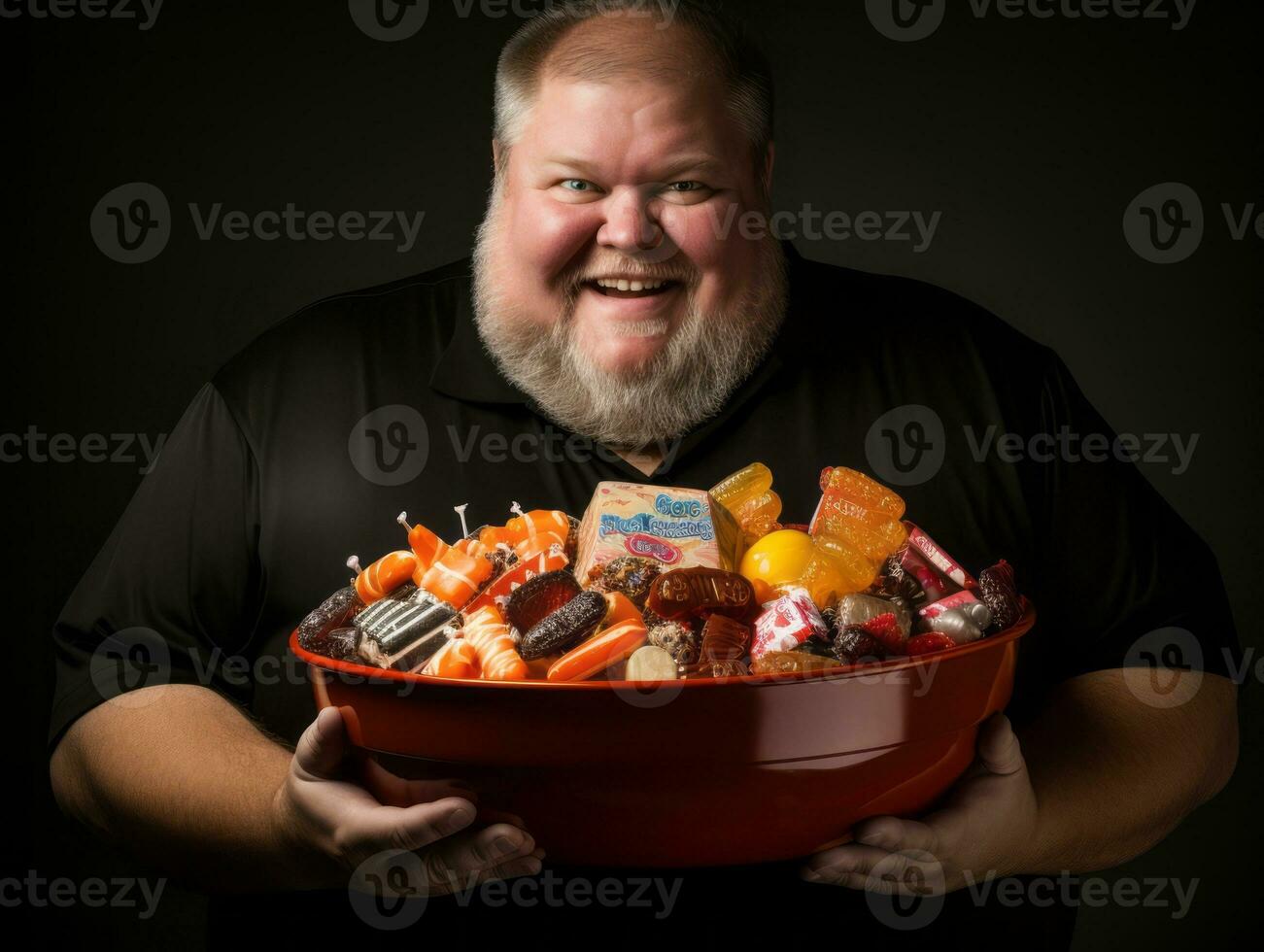 man i halloween kostym innehav en skål av godis med busig flin ai generativ foto