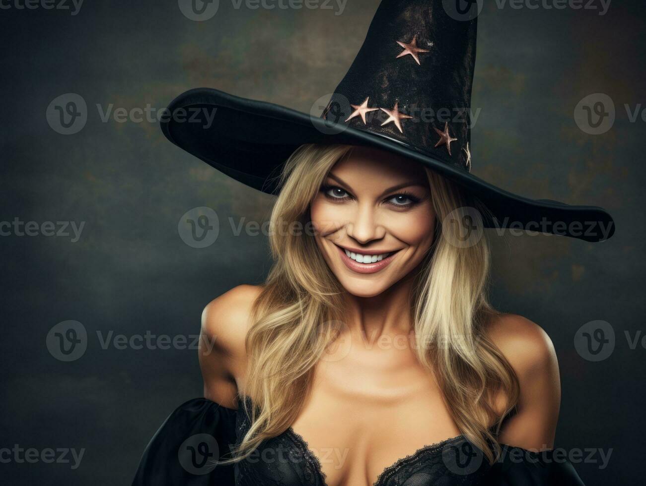 kvinna i en halloween kostym med en lekfull utgör ai generativ foto