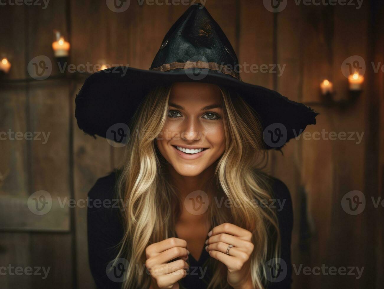 kvinna i en halloween kostym med en lekfull utgör ai generativ foto