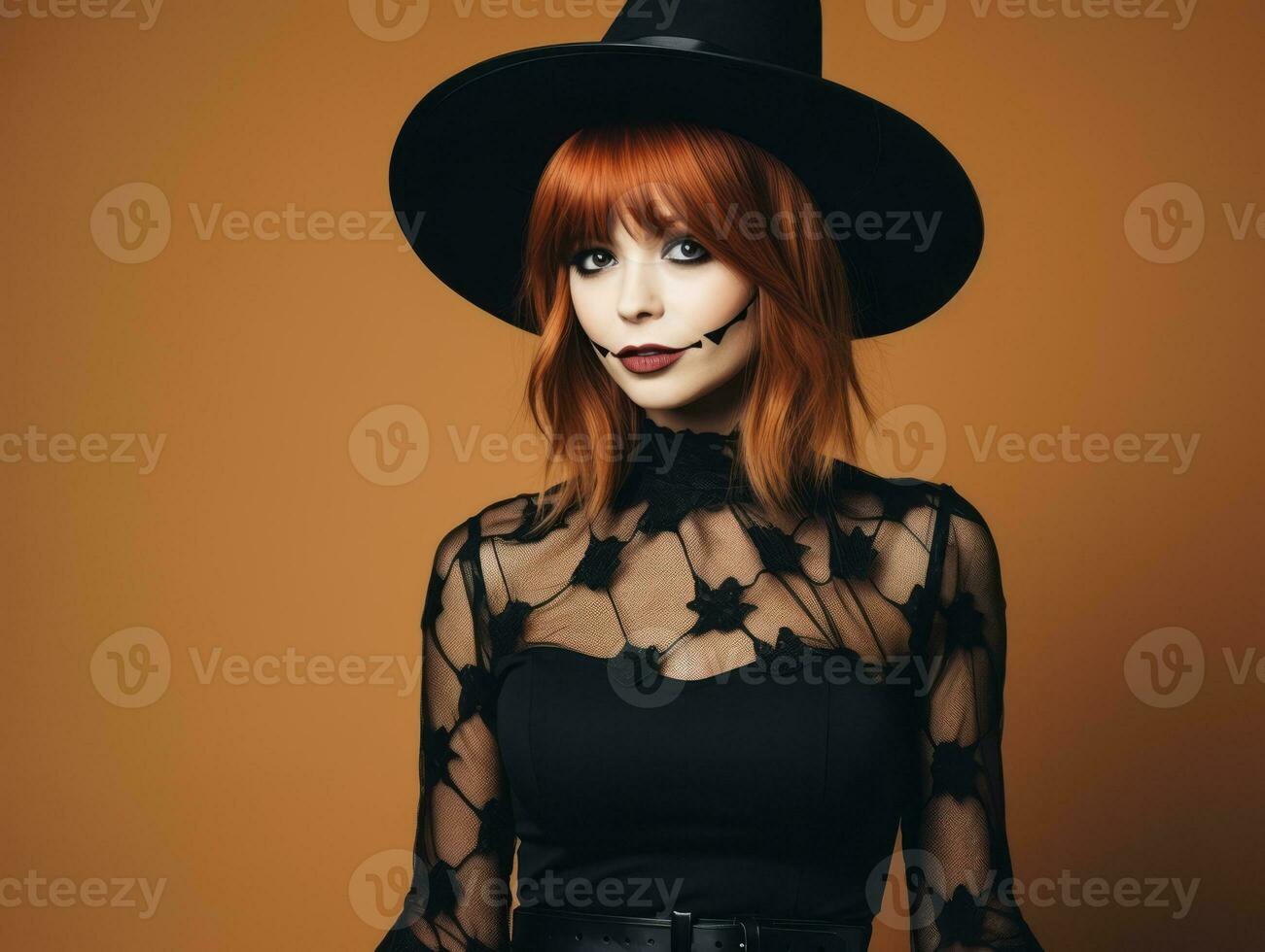 kvinna i en halloween kostym med en lekfull utgör ai generativ foto