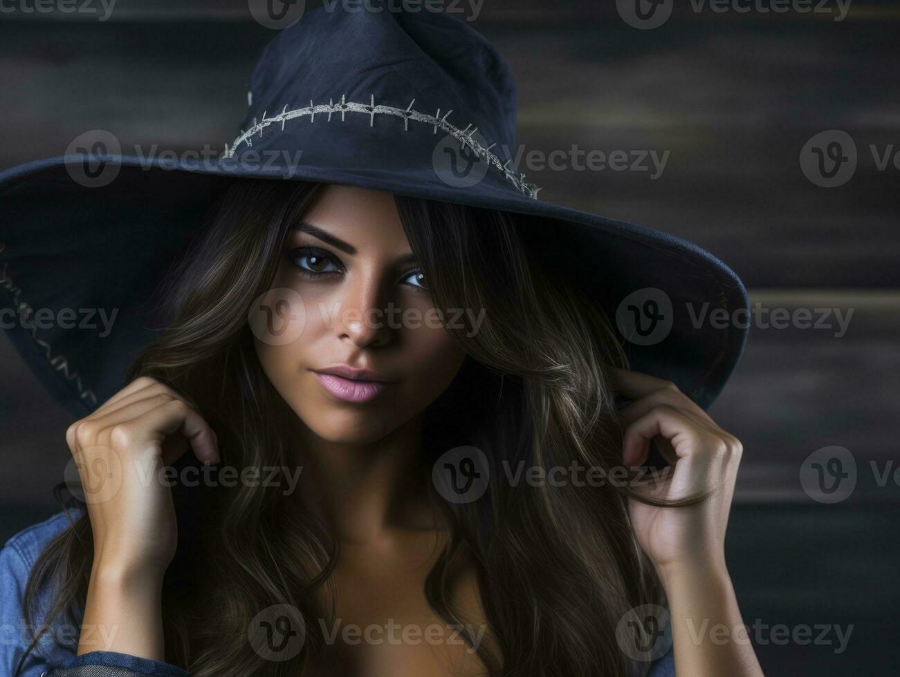 kvinna i en halloween kostym med en lekfull utgör ai generativ foto