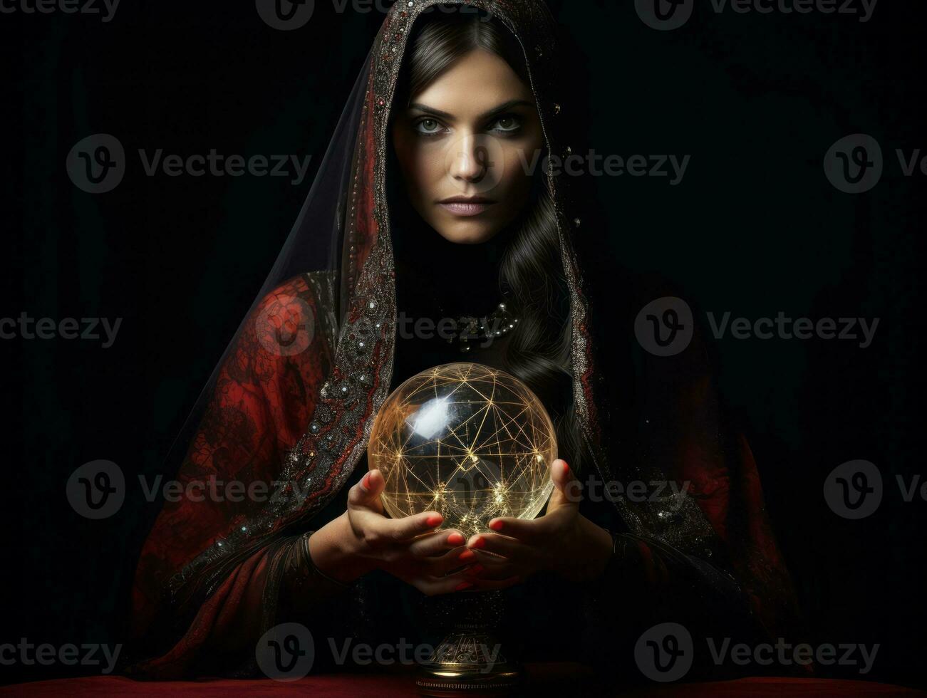 kvinna talande från en kristall boll klädd som en mystisk förmögenhet kassör ai generativ foto