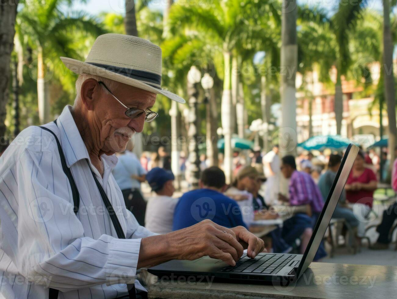 gammal colombianska man arbetssätt på en bärbar dator i en vibrerande urban miljö ai generativ foto