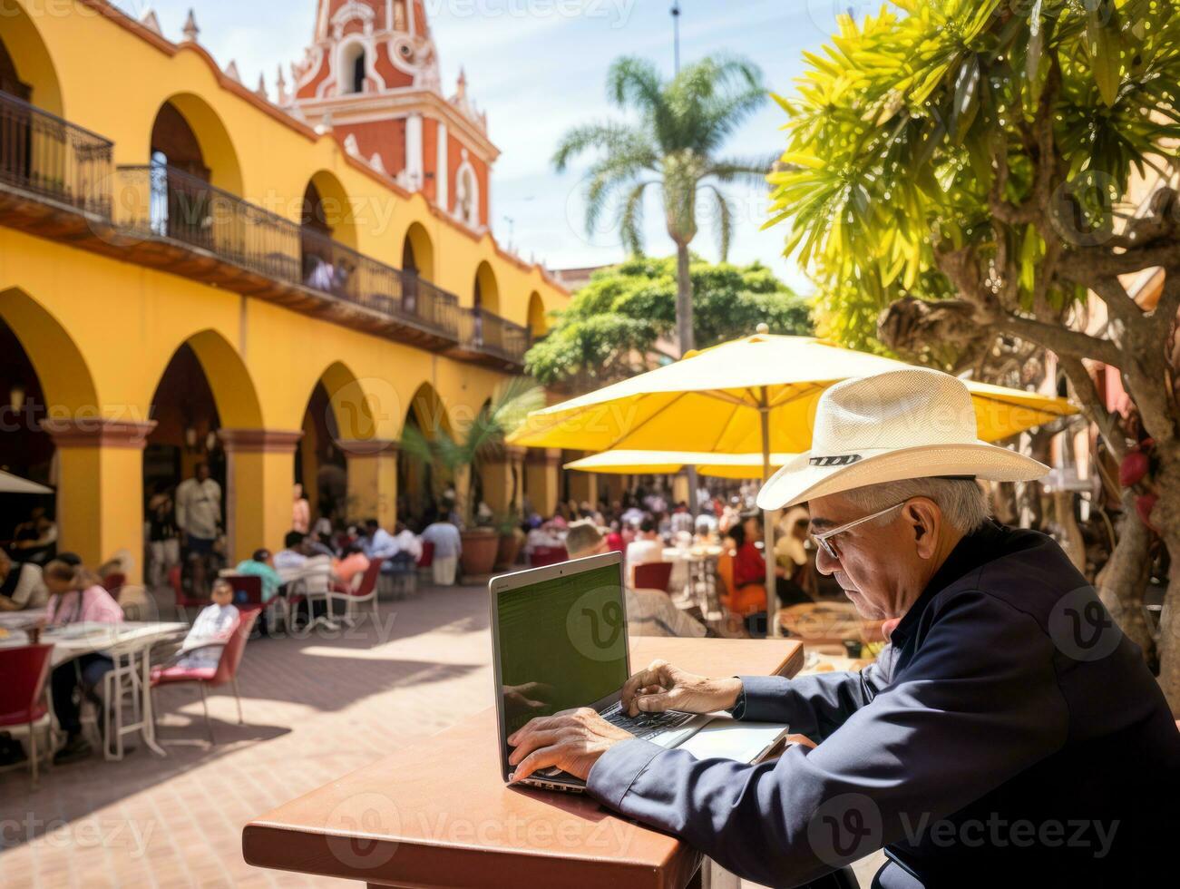 gammal colombianska man arbetssätt på en bärbar dator i en vibrerande urban miljö ai generativ foto