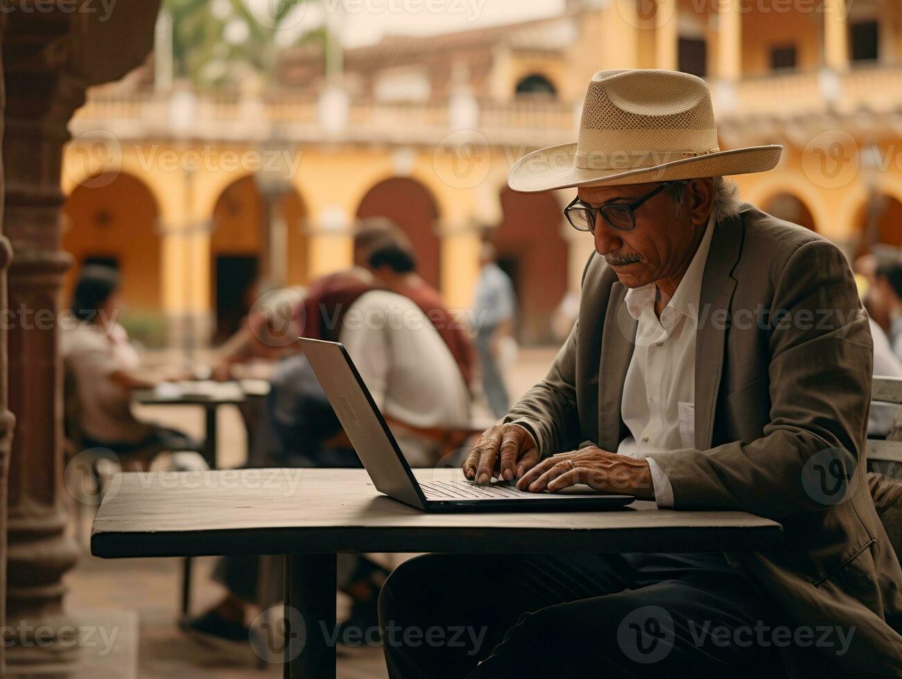 gammal colombianska man arbetssätt på en bärbar dator i en vibrerande urban miljö ai generativ foto