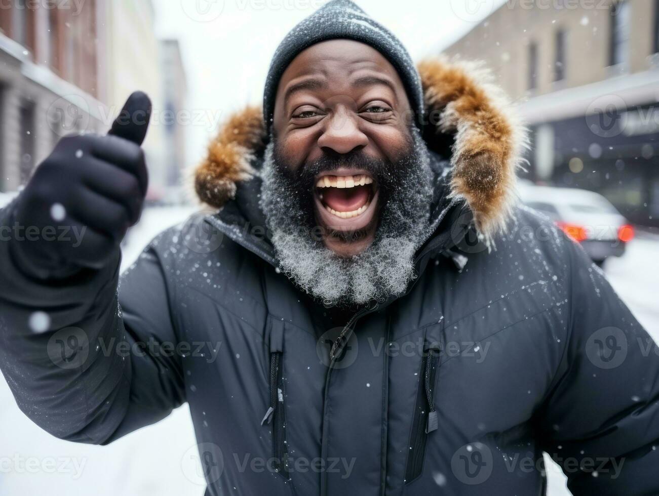 afrikansk amerikan man åtnjuter de vinter- snöig dag i lekfull känslomässigt dynamisk utgör ai generativ foto