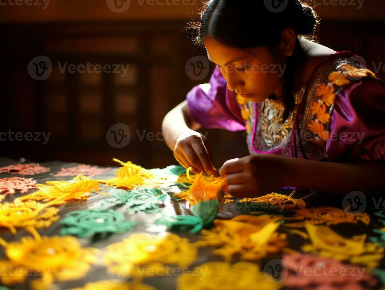 kvinnor skapa papel picado färgrik papper dekorationer ai generativ foto