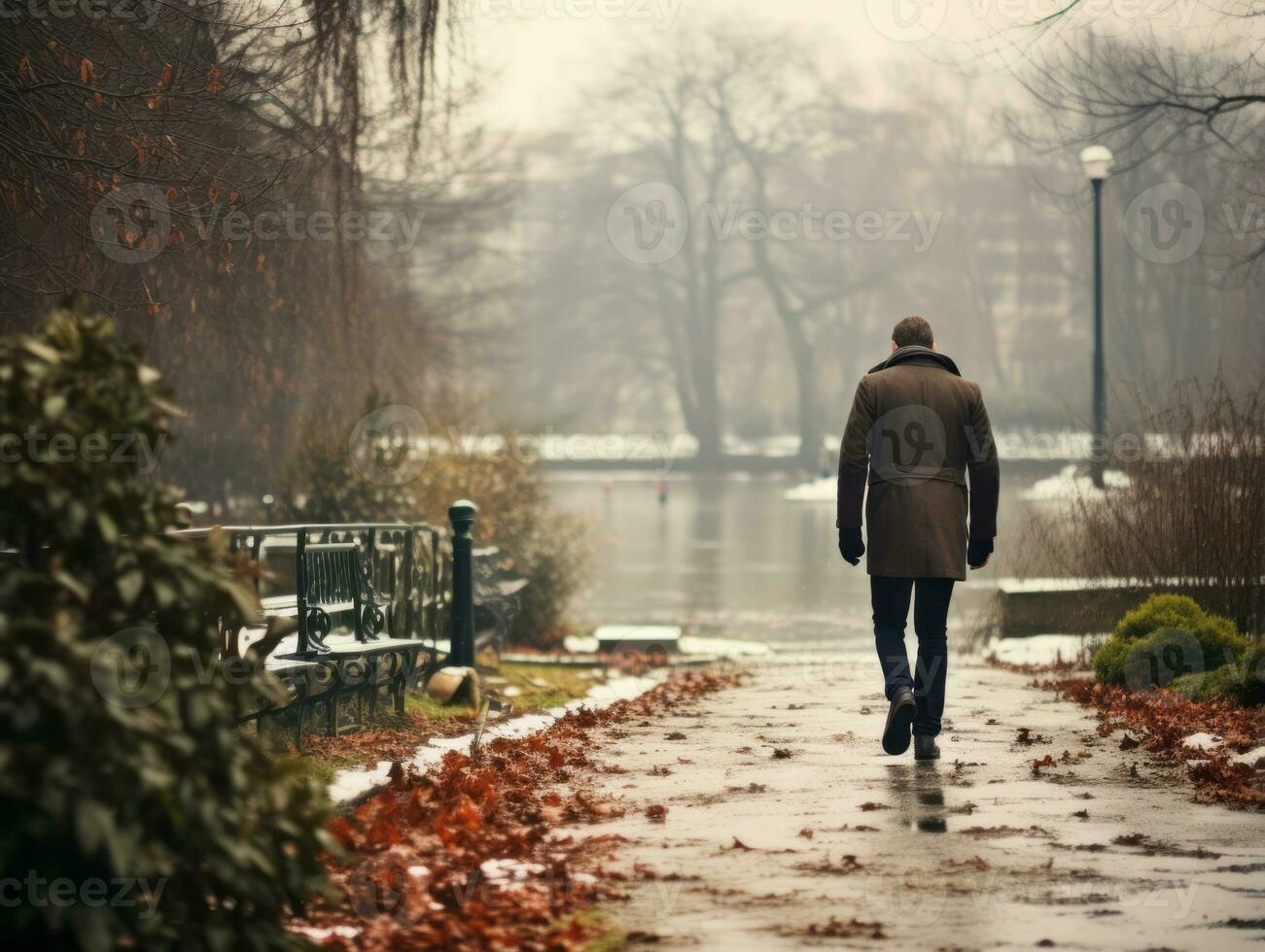 man åtnjuter en maklig promenad på en vinter- dag ai generativ foto