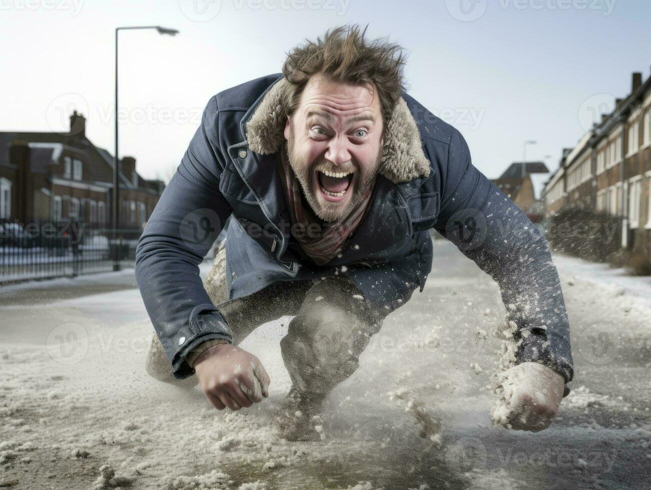 man åtnjuter de vinter- snöig dag i lekfull utgör ai generativ foto