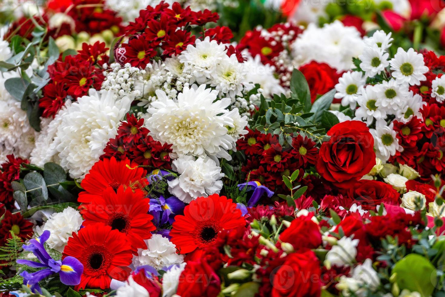 oregelbundet placerade blommor i olika färger, mångfärgad blommig bakgrund - bild foto