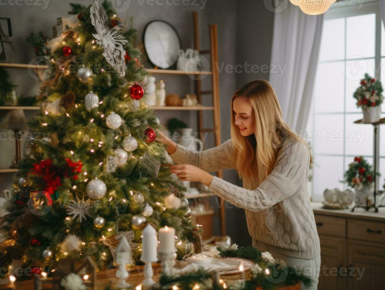 kvinna dekorera en jul träd med ornament och lampor ai generativ foto