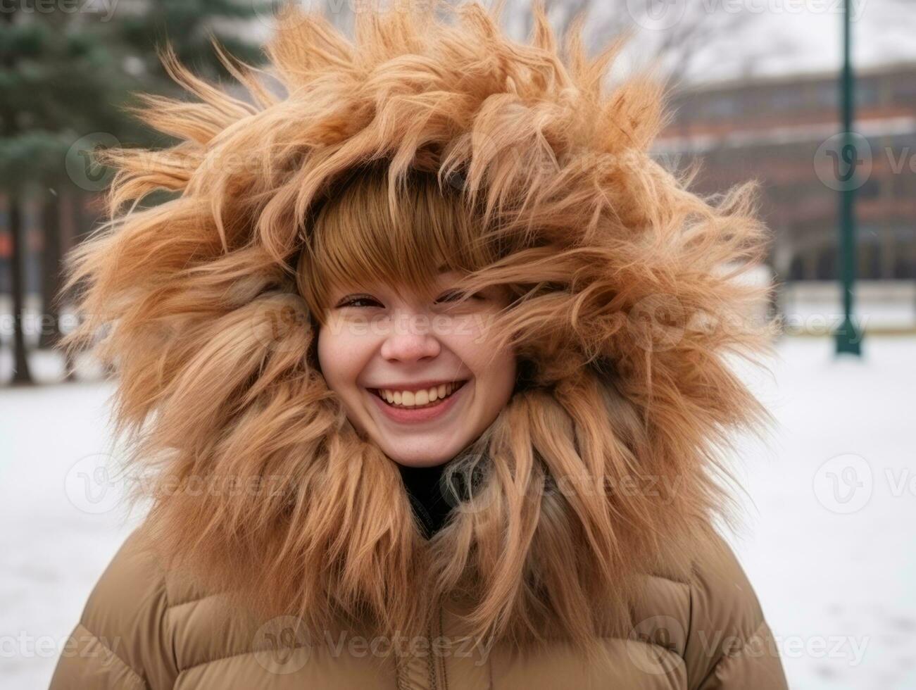 kvinna åtnjuter i de vinter- dag i emotionell lekfull utgör ai generativ foto