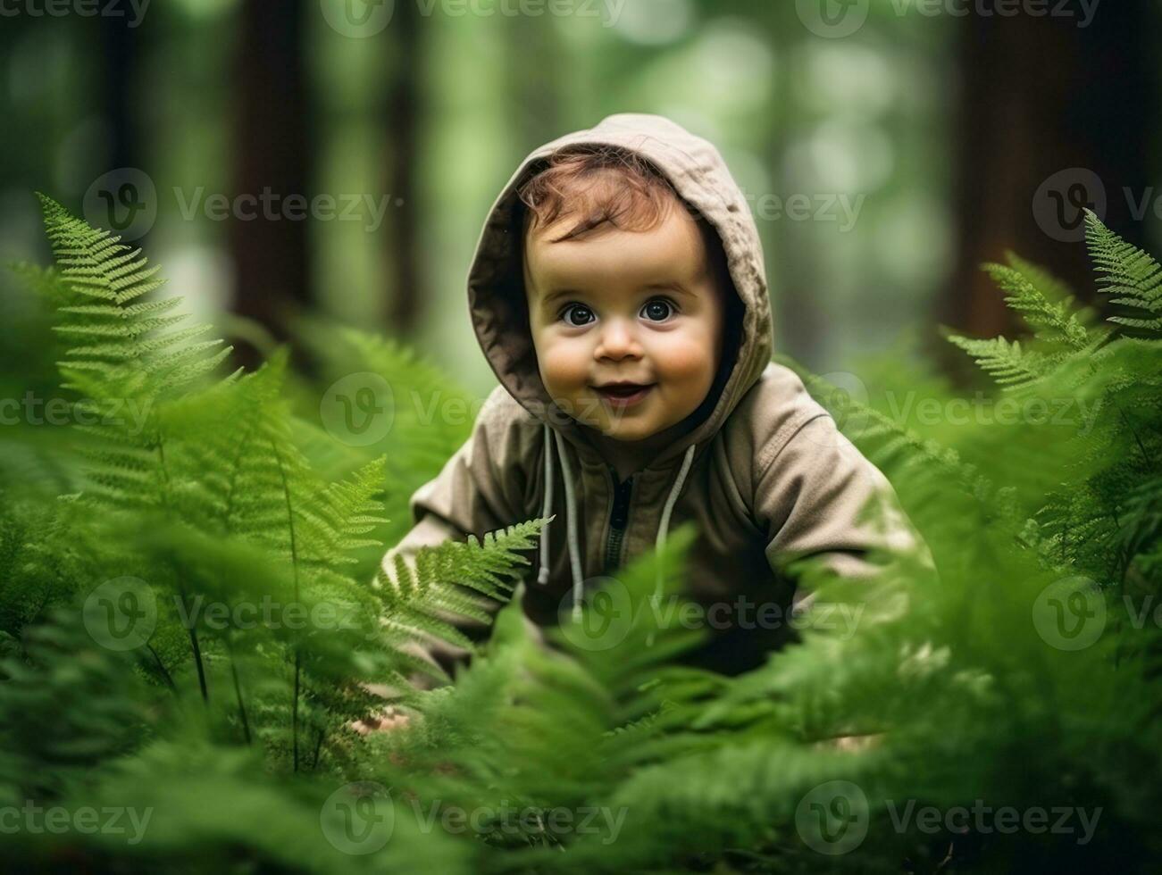 förtjusande bebis utforska de natur ai generativ foto