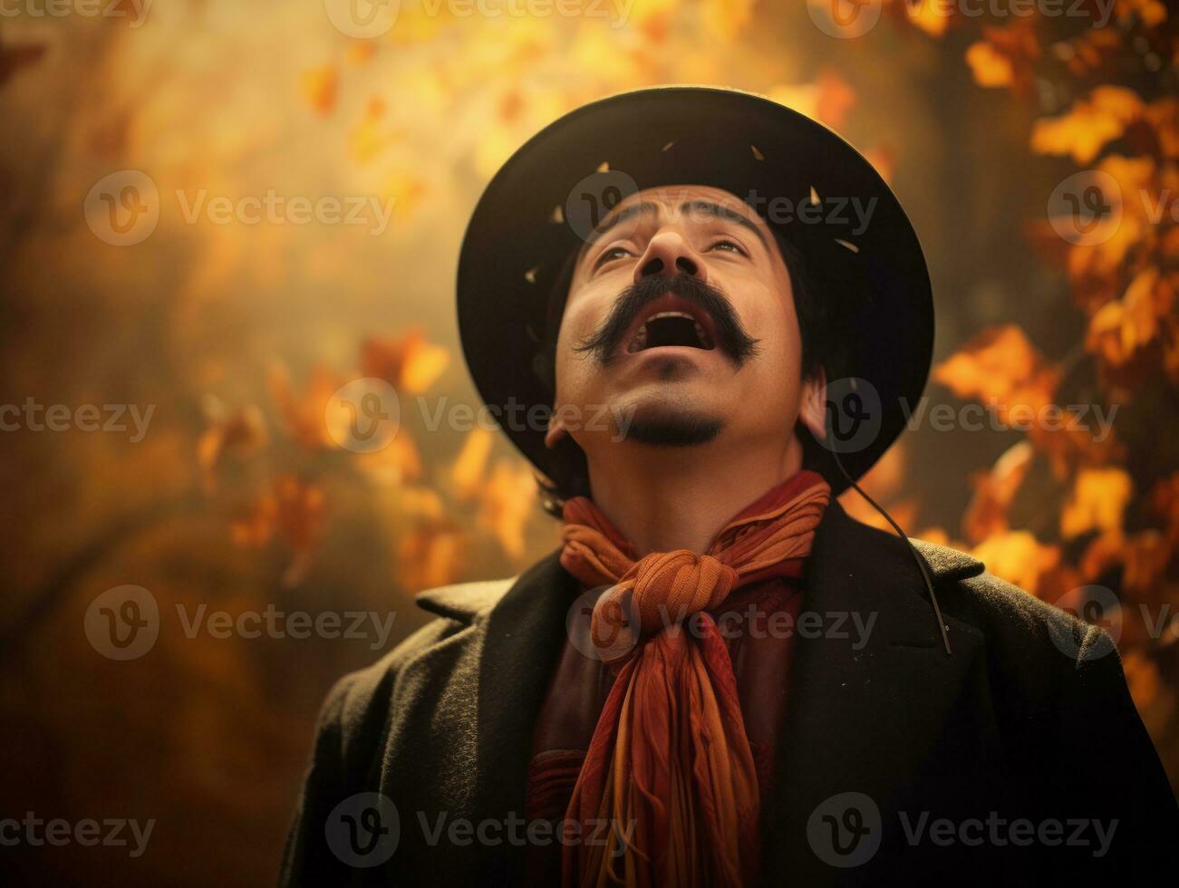 Foto av emotionell dynamisk utgör mexikansk man i höst ai generativ