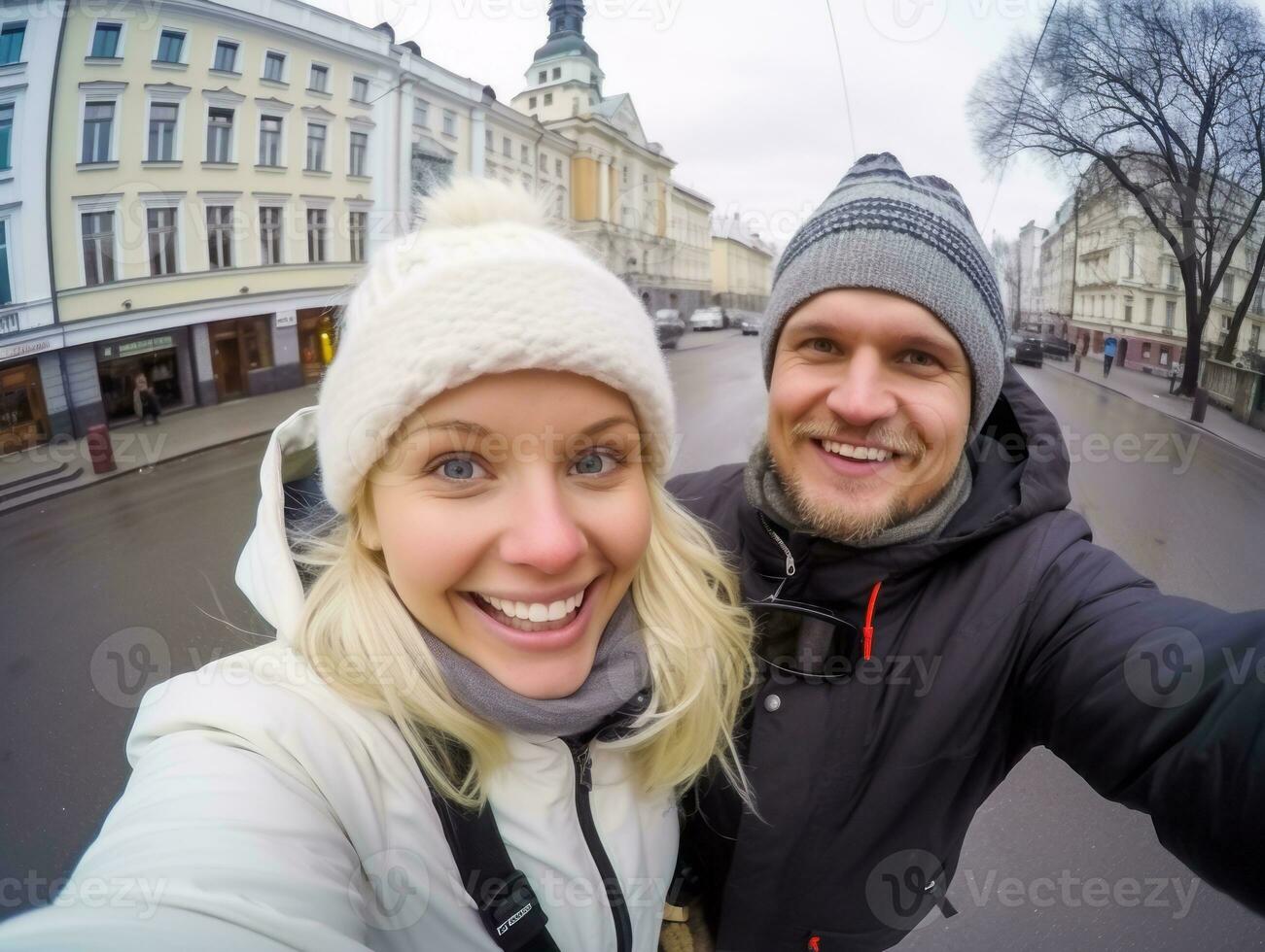 kärleksfull par är njuter en romantisk vinter- dag ai generativ foto