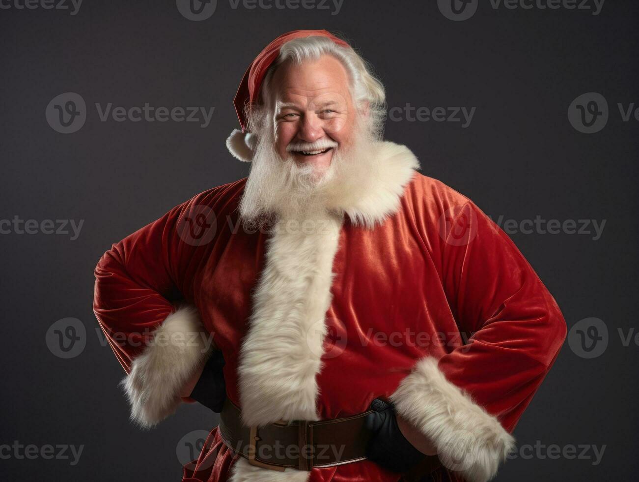 man klädd som santa claus i lekfull utgör på fast bakgrund ai generativ foto