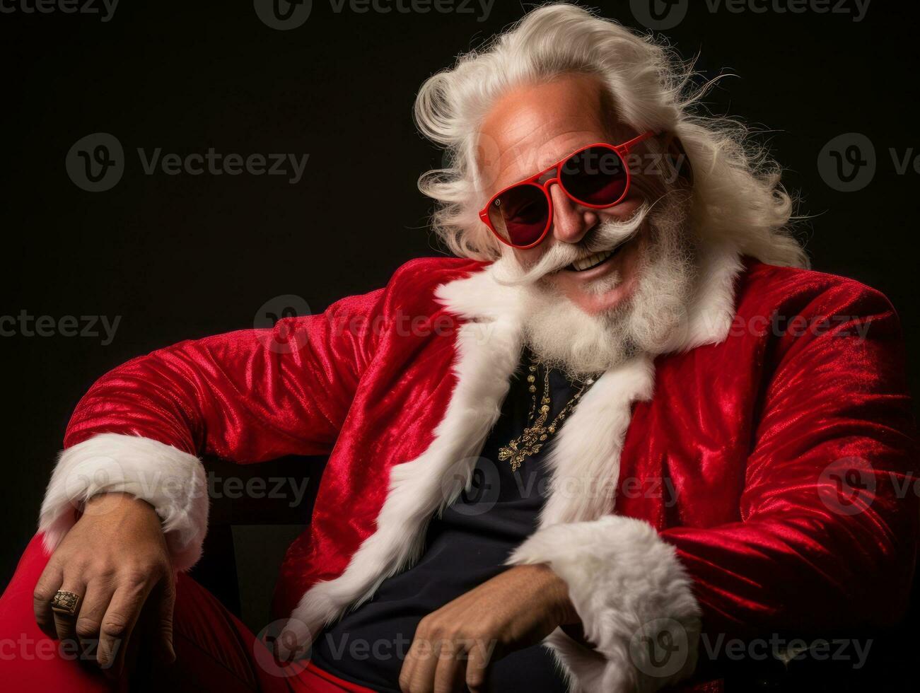 man klädd som santa claus i lekfull utgör på fast bakgrund ai generativ foto