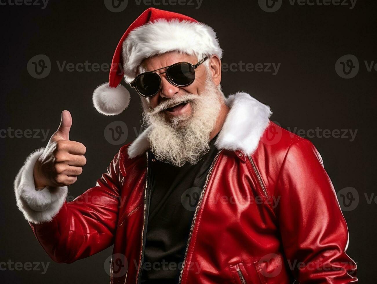 man klädd som santa claus i lekfull utgör på fast bakgrund ai generativ foto