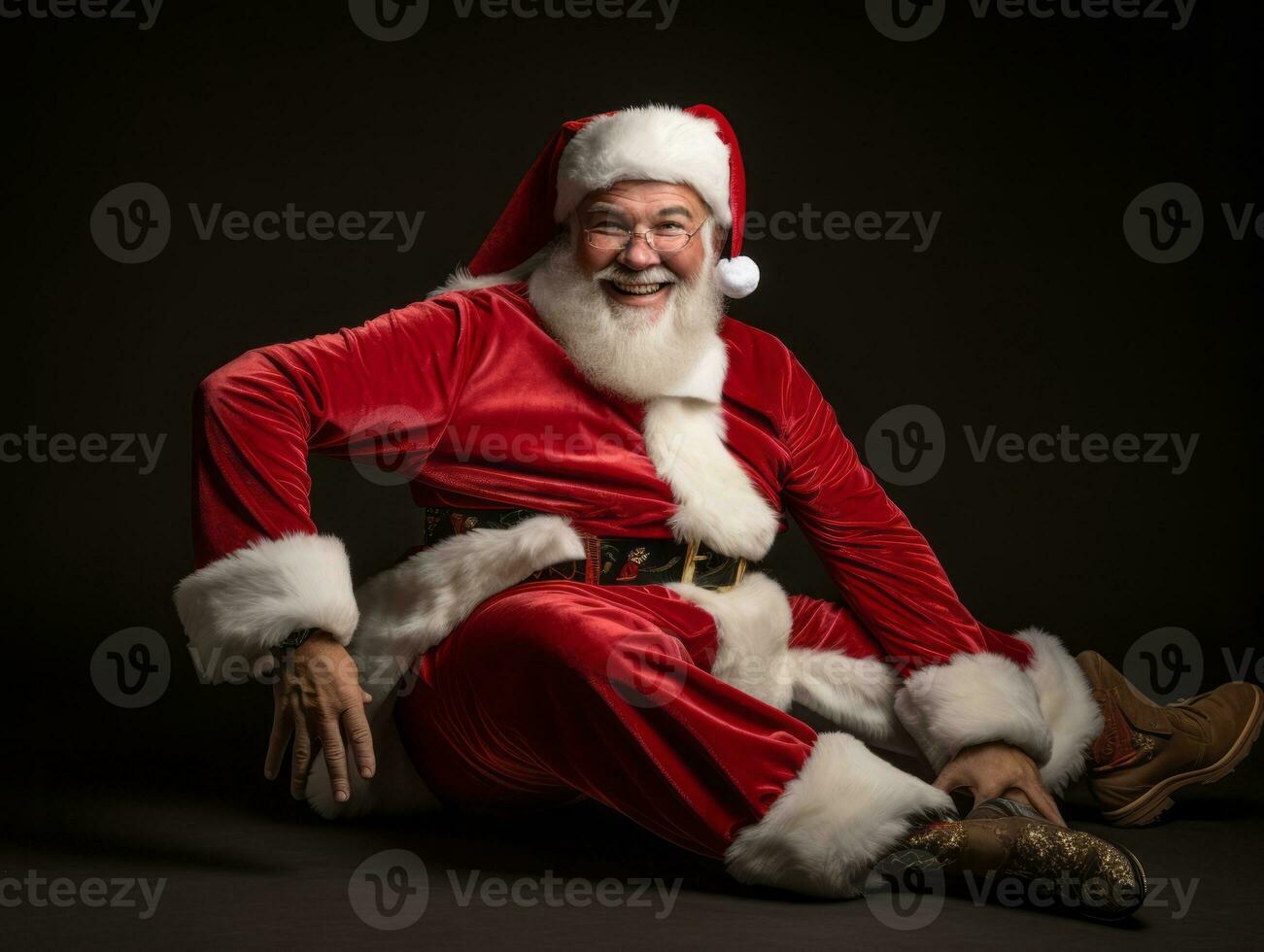 man klädd som santa claus i lekfull utgör på fast bakgrund ai generativ foto