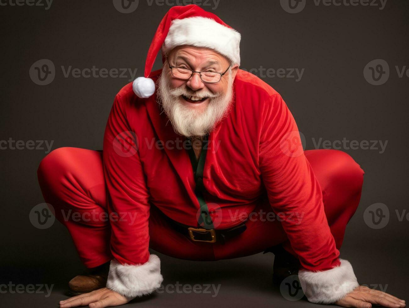 man klädd som santa claus i lekfull utgör på fast bakgrund ai generativ foto