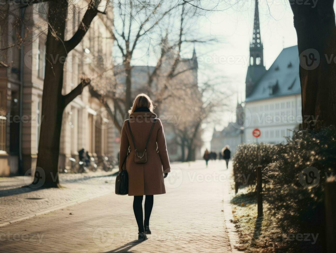 kvinna åtnjuter en maklig promenad i de hjärta av de stad ai generativ foto