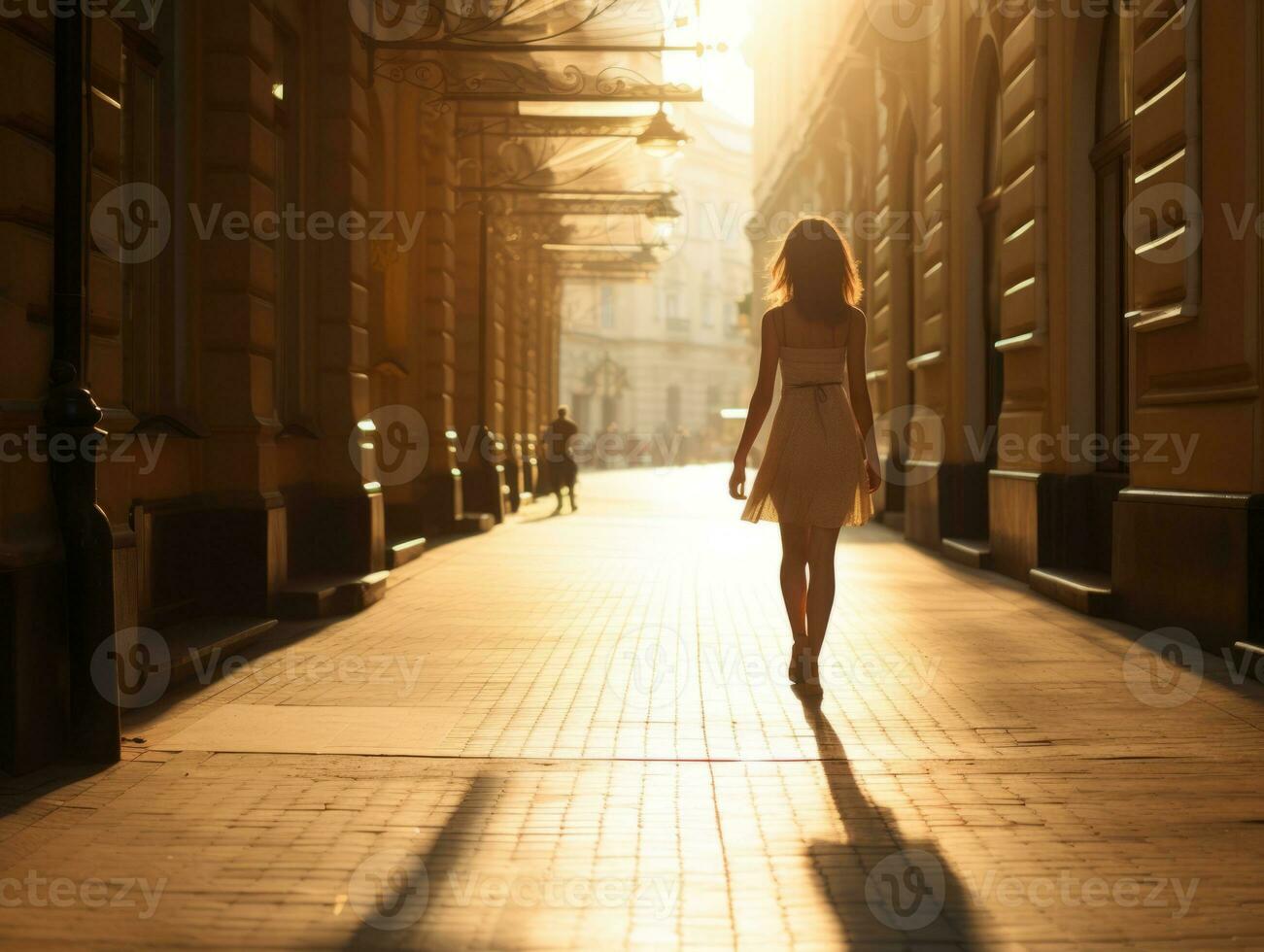 kvinna åtnjuter en maklig promenad i de hjärta av de stad ai generativ foto