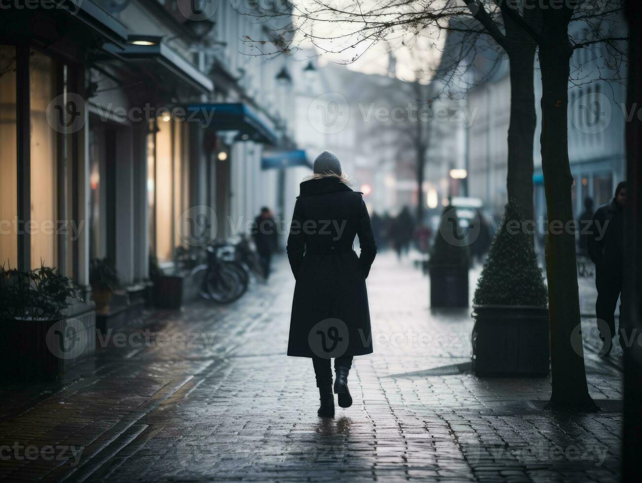 kvinna åtnjuter en maklig promenad i de hjärta av de stad ai generativ foto