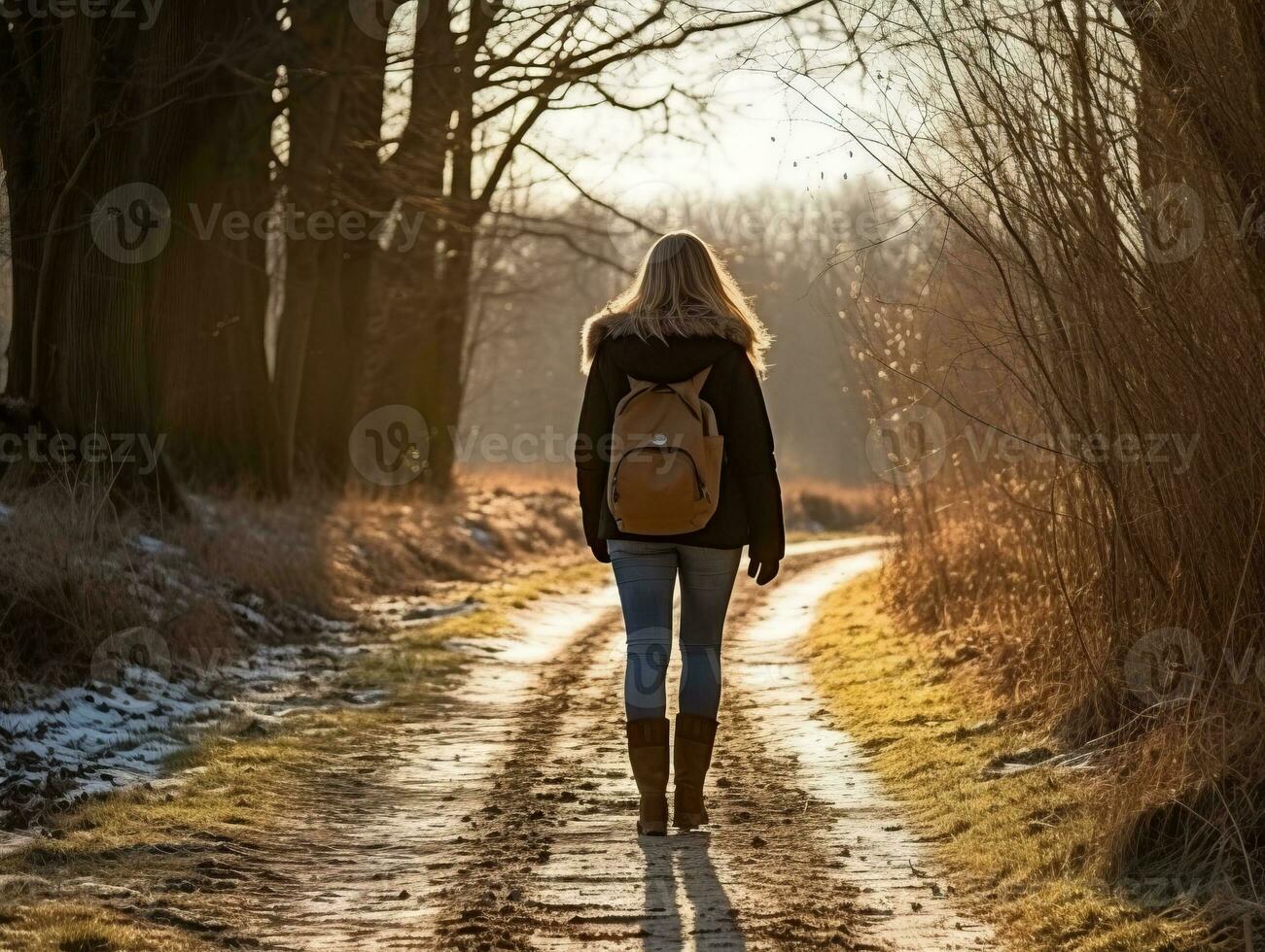 kvinna åtnjuter en maklig promenad i de vinter- dag ai generativ foto