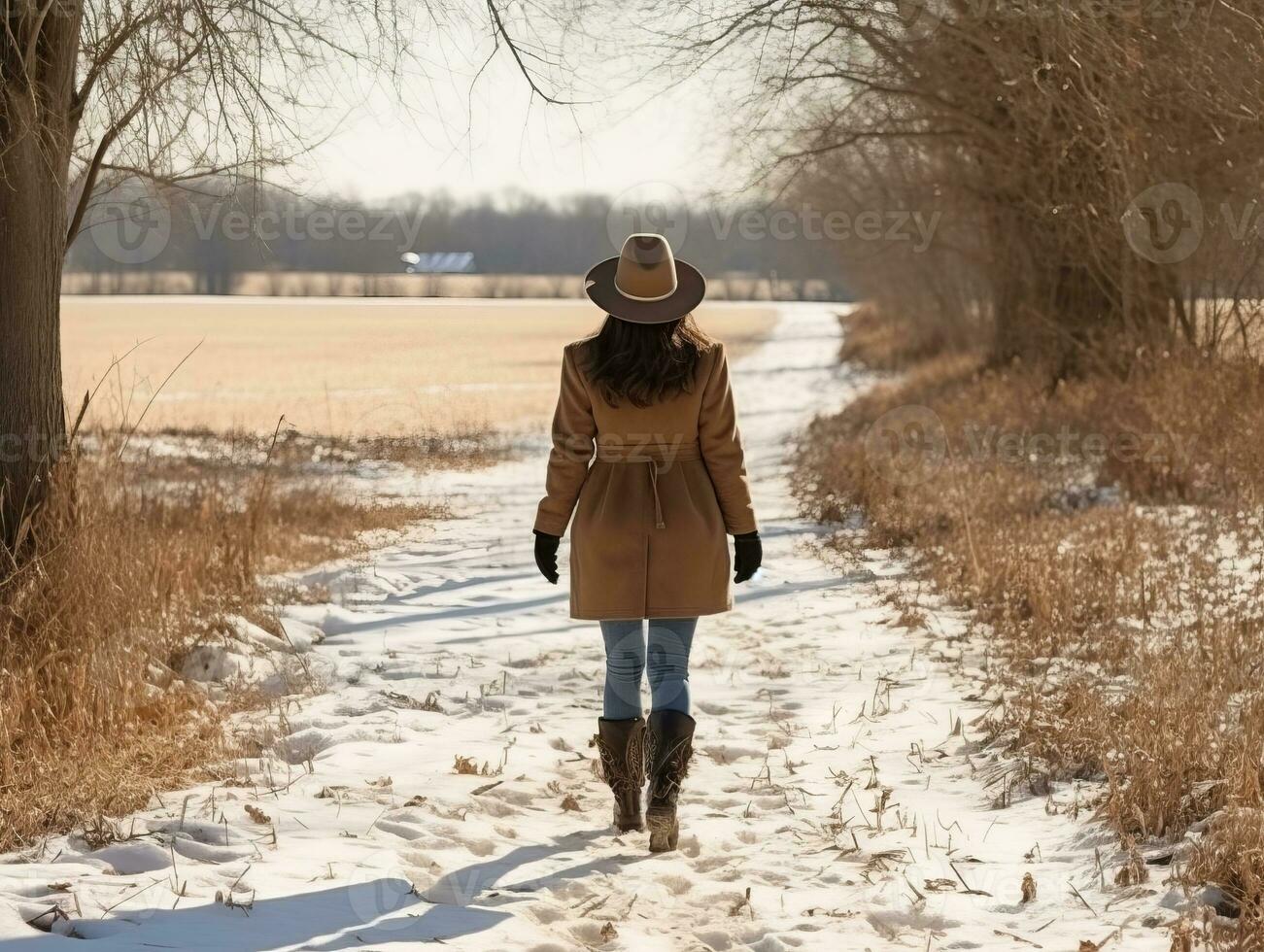 kvinna åtnjuter en maklig promenad i de vinter- dag ai generativ foto