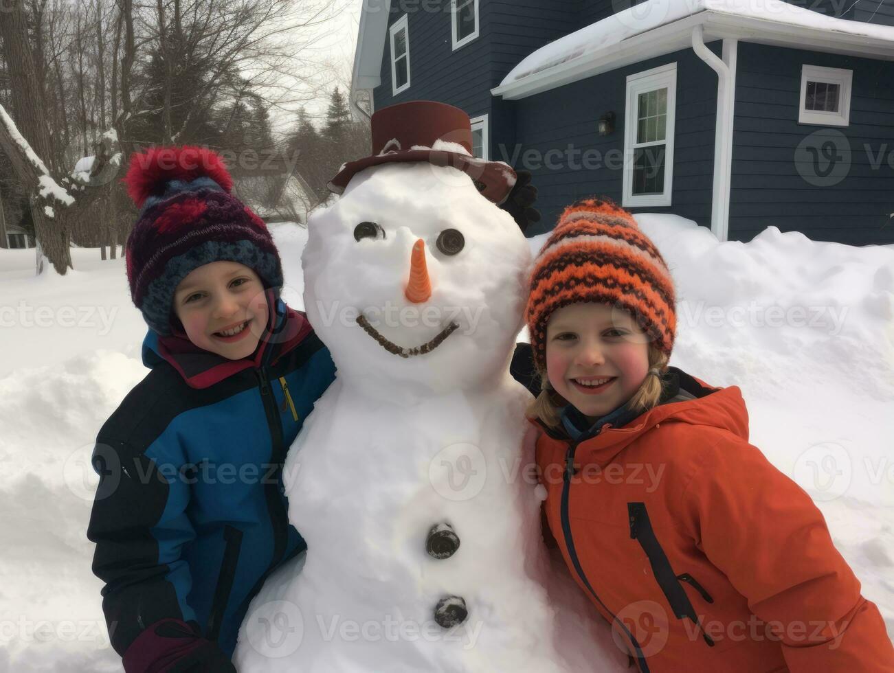 barn byggnad en snögubbe i vinter- dag ai generativ foto