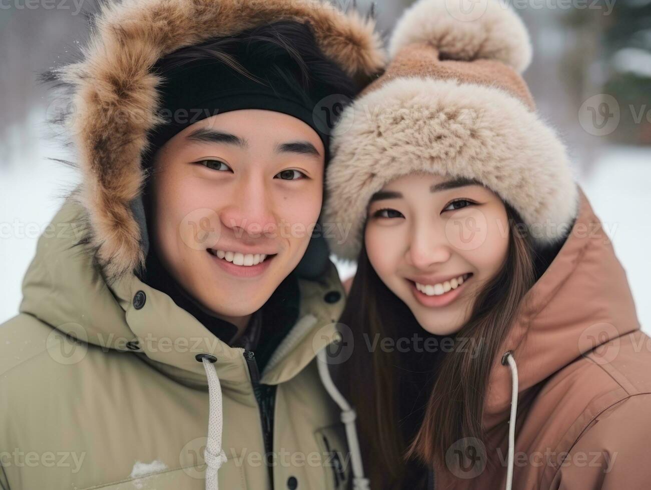 kärleksfull asiatisk par är njuter en romantisk vinter- dag ai generativ foto