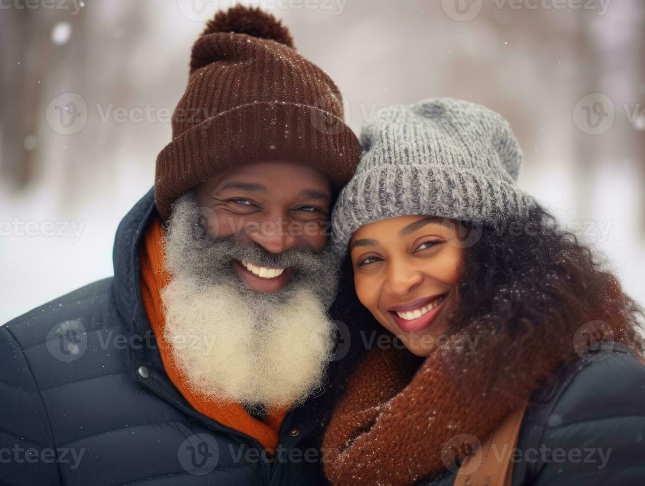 kärleksfull gammal afrikansk amerikan par är njuter en romantisk vinter- dag ai generativ foto